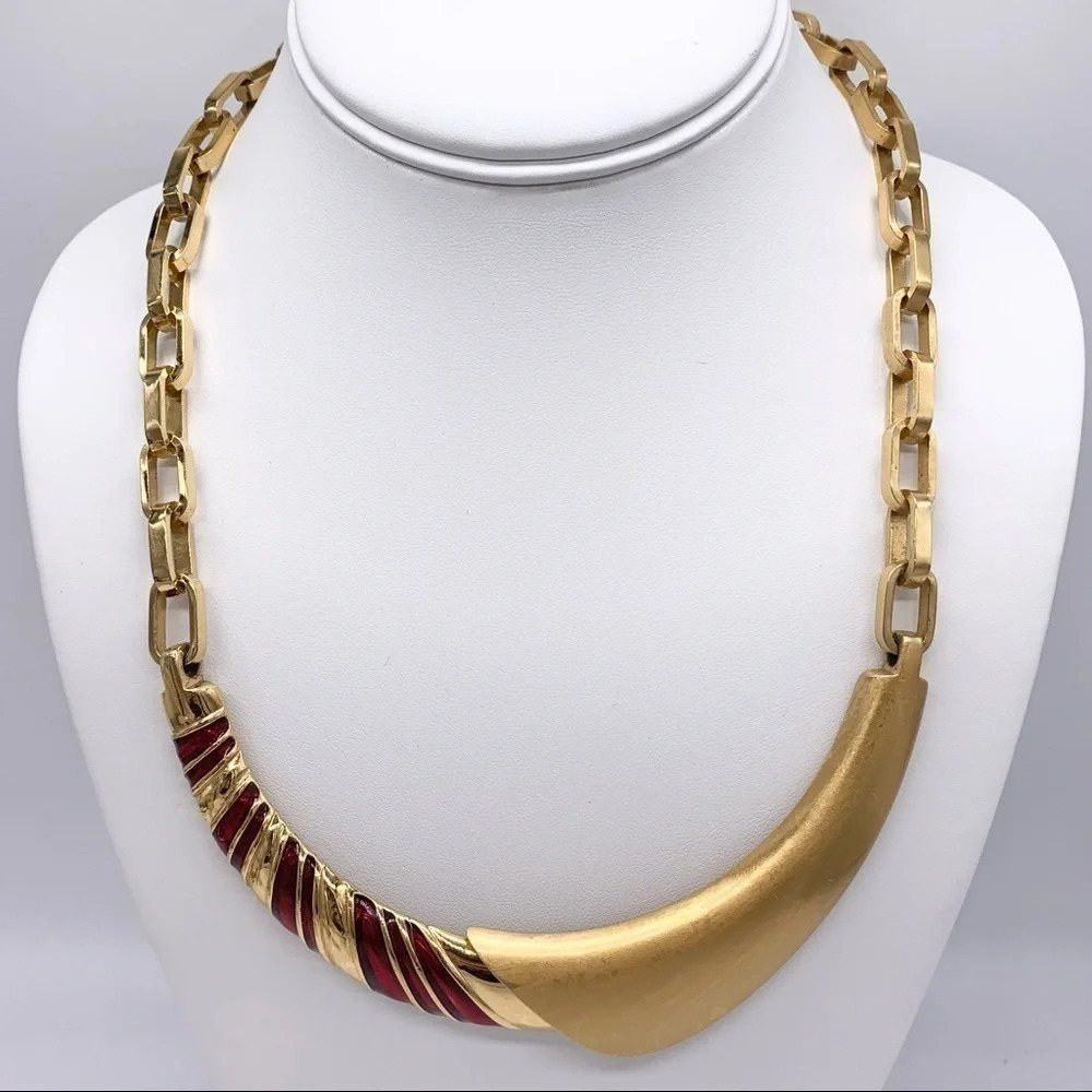 Monet Vintage Red & Gold Curbed Bar Link Necklace